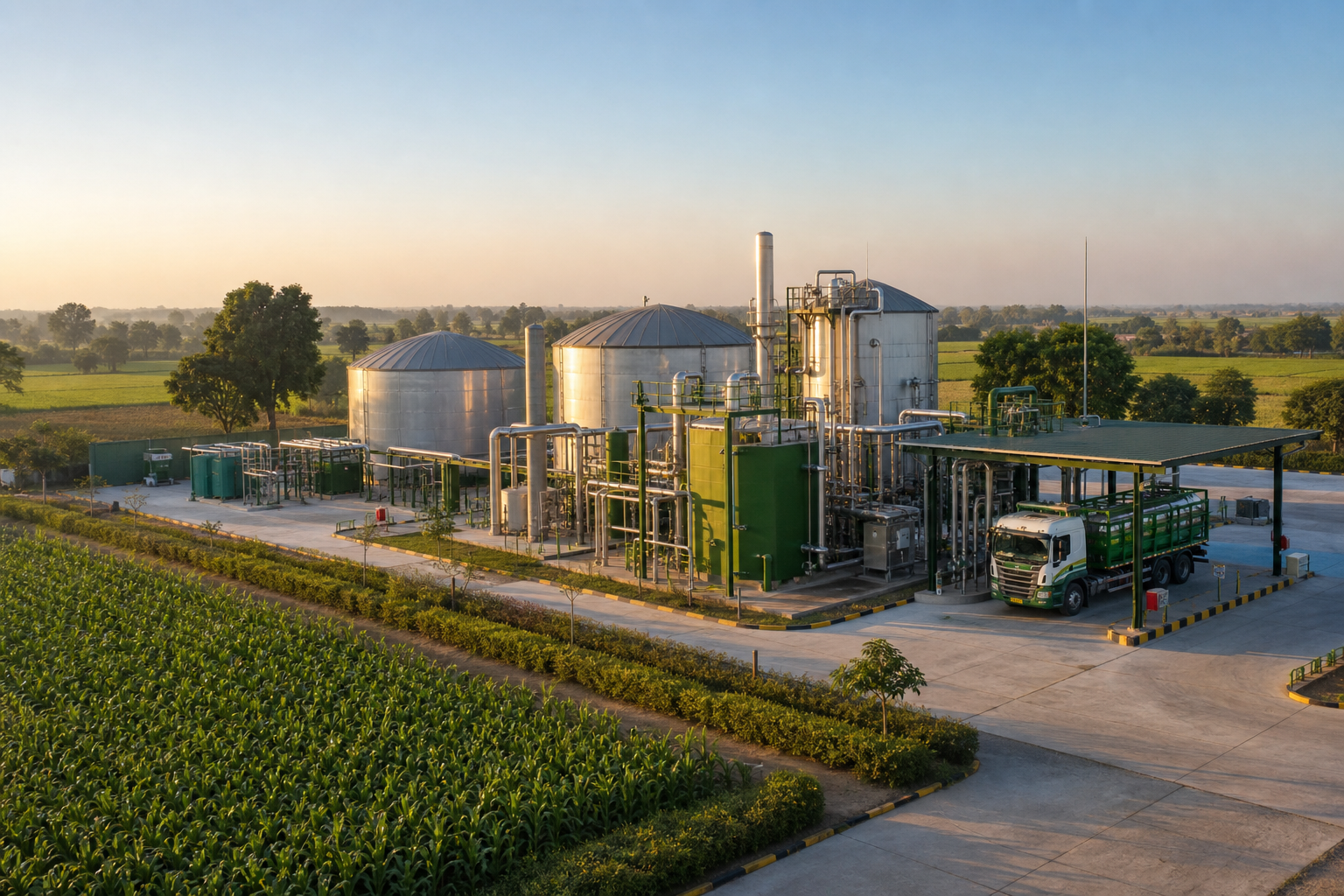 Modern compressed biogas plant concept in agricultural fields